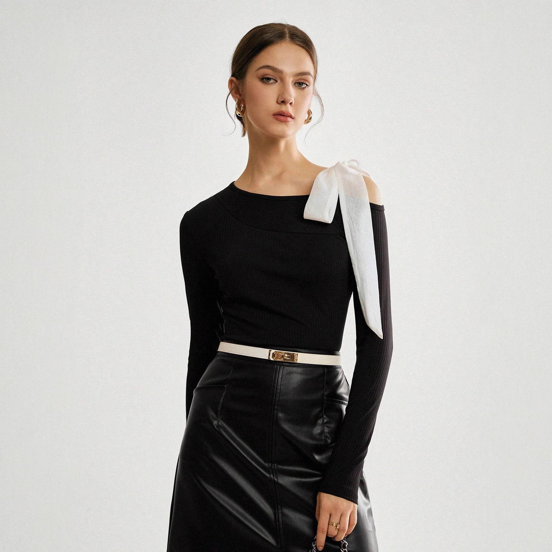 Damen Asymmetrisches One-Shoulder Rippstrick-Top mit Schleifenband EB