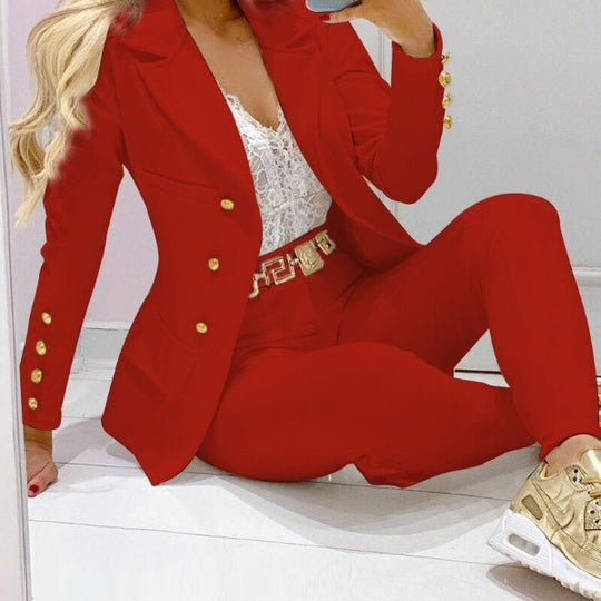 Damen Taillierter Zweiteiler Blazer mit Goldknöpfen und Slim-Fit Hose EB