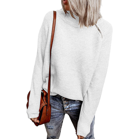 Damen lässiger Strickpullover mit hochgeschlossenem Kragen und dekorativen Nähten EB