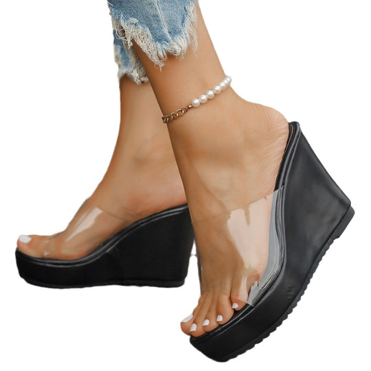 Damen nan transparente Mules mit PVC-Deckriemen, hohem Keilabsatz und rutschfester Laufsohle EB