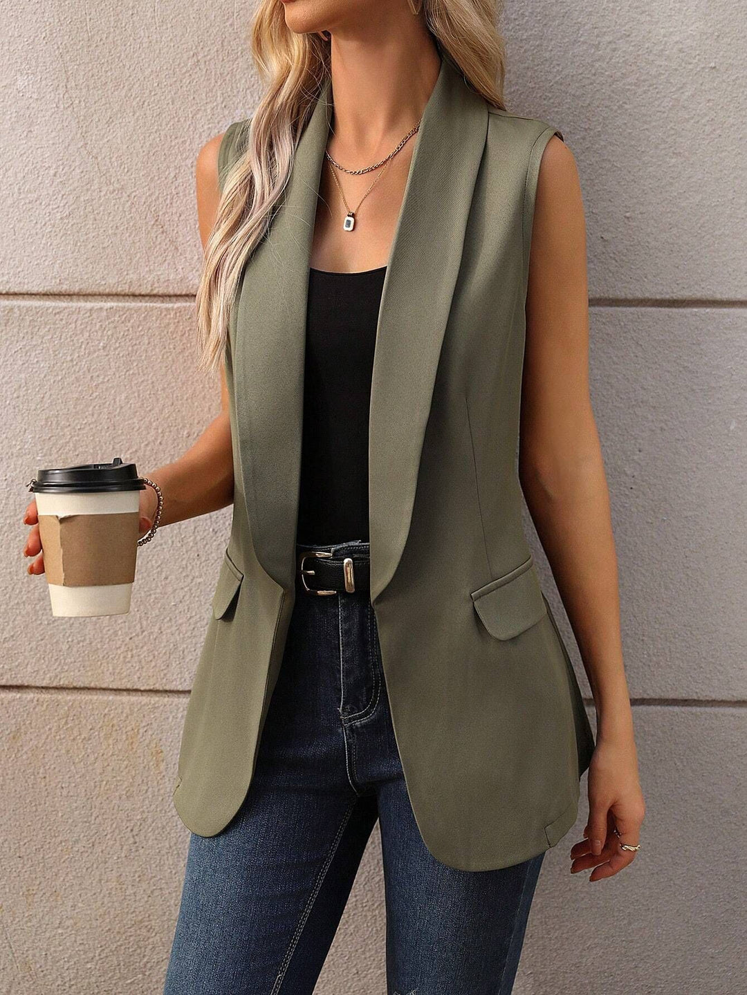 Damen ärmellose Blazerjacke mit schickem Revers EB