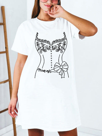 Damen T-Shirt-Kleid mit künstlerischem Blumenmotiv und figurbetontem Schnitt EB