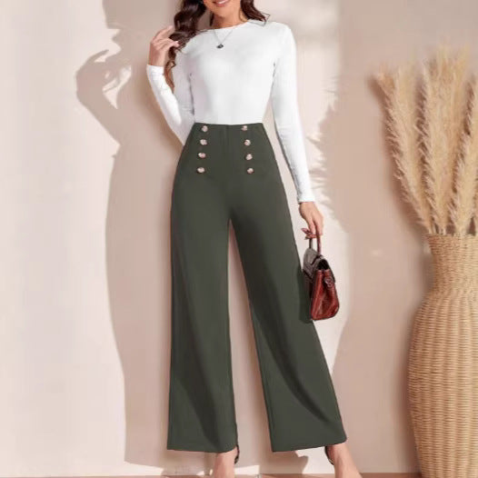 Damen nan hohe Taillenhose mit weitem Bein, maritim inspirierten Zierknöpfen EB