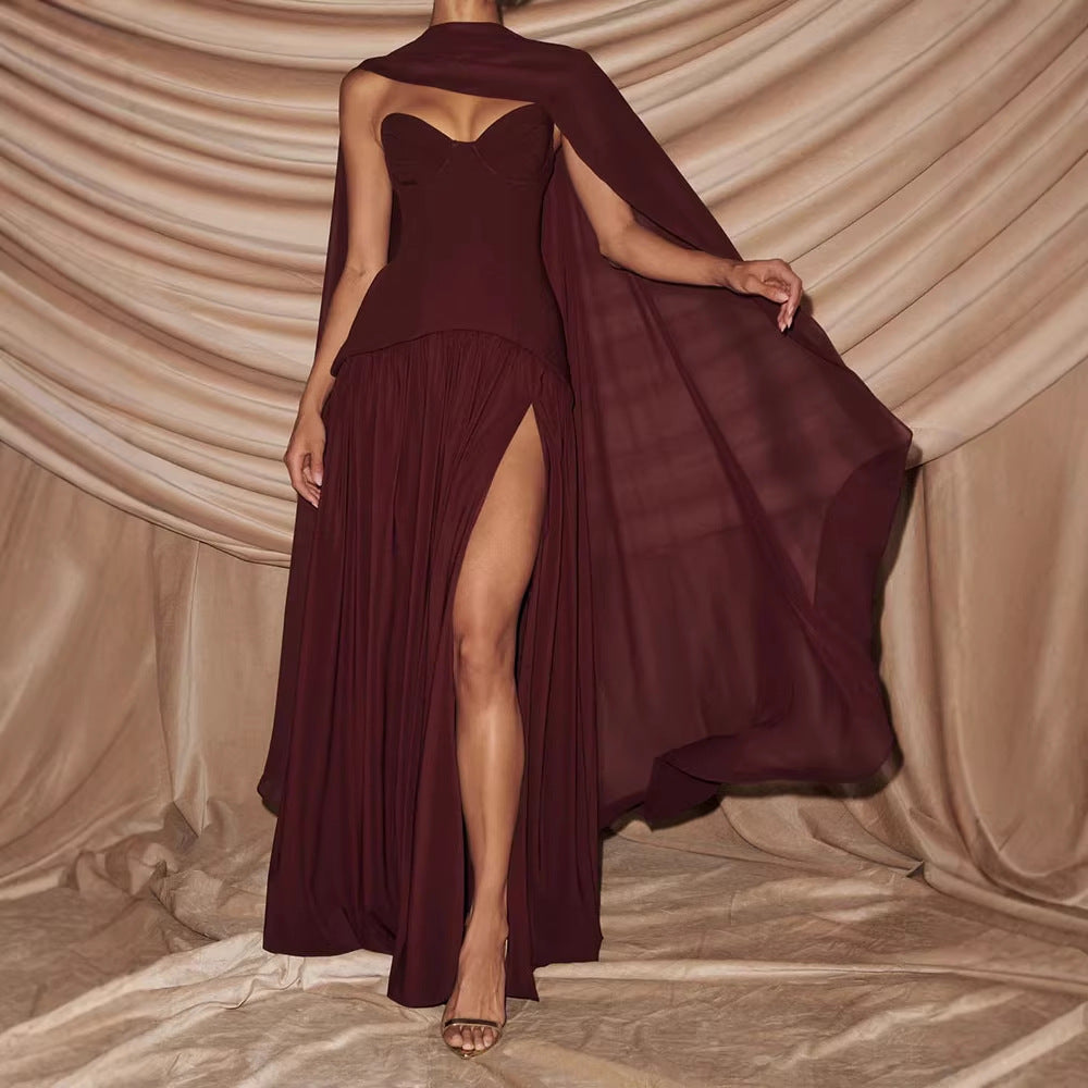 Damen Elegantes Maxikleid mit Abnehmbarem Cape EB