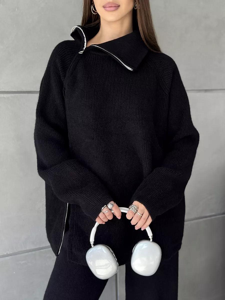 Damen Modernes Strickoberteil mit asymmetrischem Reißverschluss EB