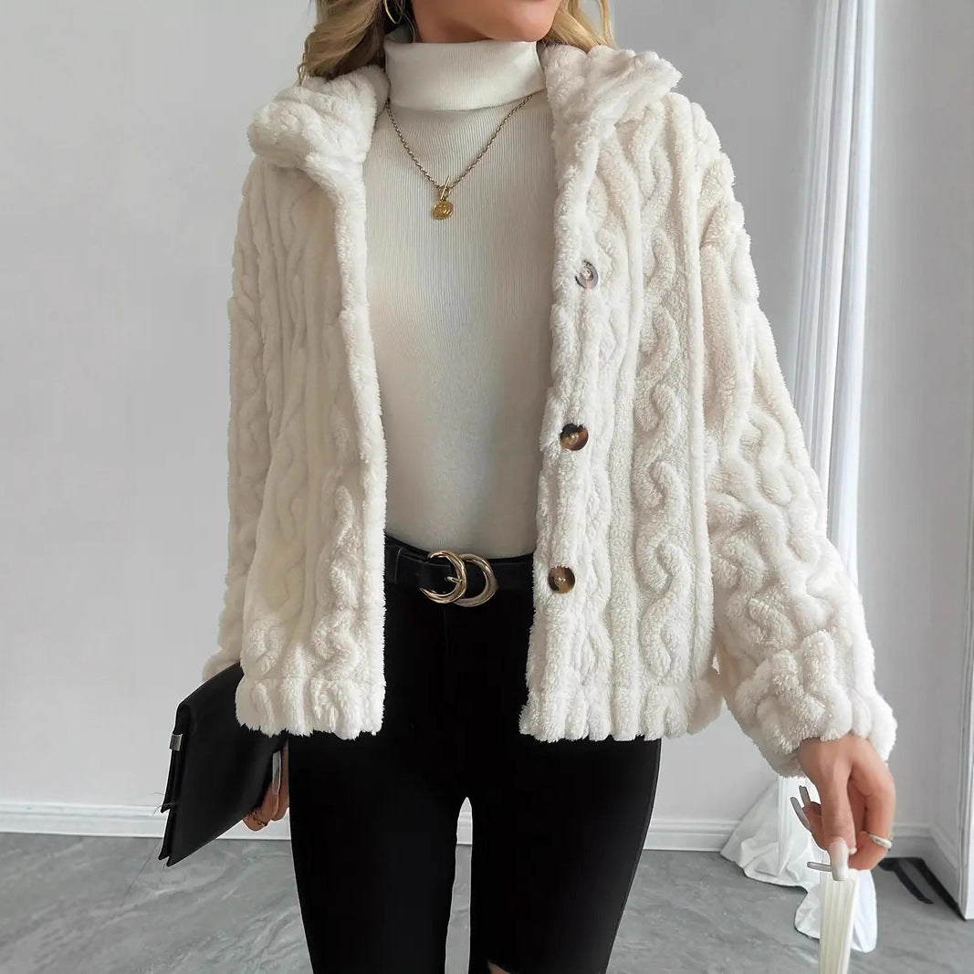 Damen Kuschelige Strickjacke mit Knöpfen und Kapuze EB