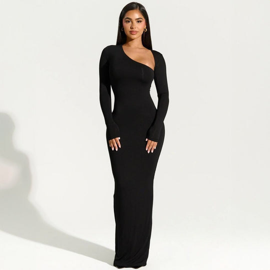 Damen elegantes Wickel-Maxi-Kleid mit asymmetrischem Halsausschnitt EB