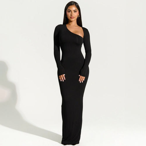 Damen elegantes Wickel-Maxi-Kleid mit asymmetrischem Halsausschnitt EB