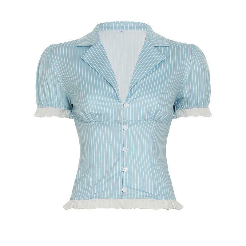 Damen Kurzes Blusenshirt mit Rüschenärmeln und Streifenmuster EB