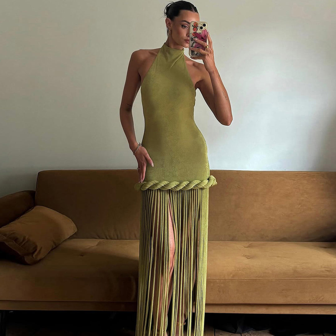 Damen Freizeitkleid mit Bambus-Borten und schimmerndem Stoff EB