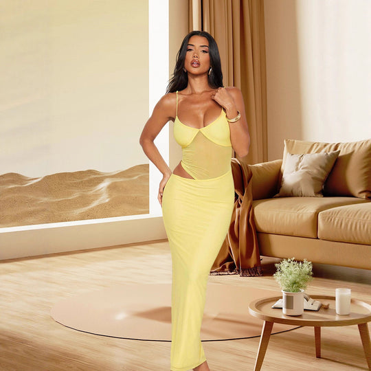 Damen Elegantes Stretch-Maxikleid mit transparenten Einsätzen und spaghetti Trägern EB