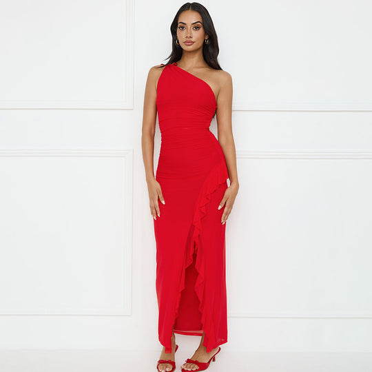 Damen Asymmetrisches Maxikleid mit Rüschendetails EB