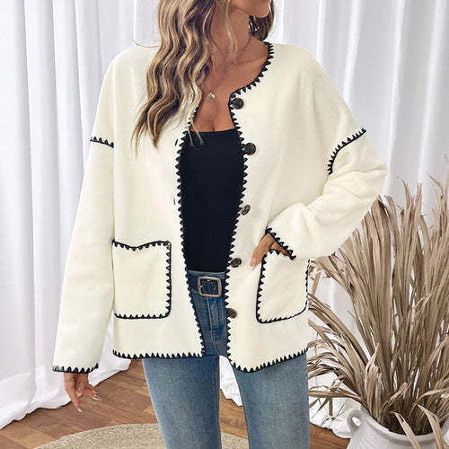 Damen modische Strickjacke mit einzigartigen Kontrastnähten EB