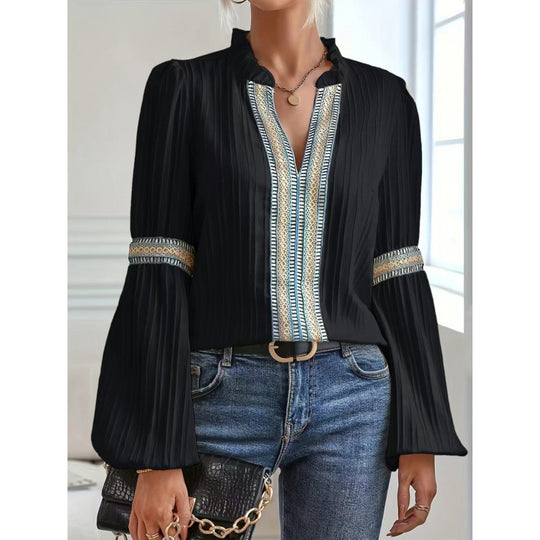 Damen elegante plissierte Bluse mit verzierten Besätzen EB