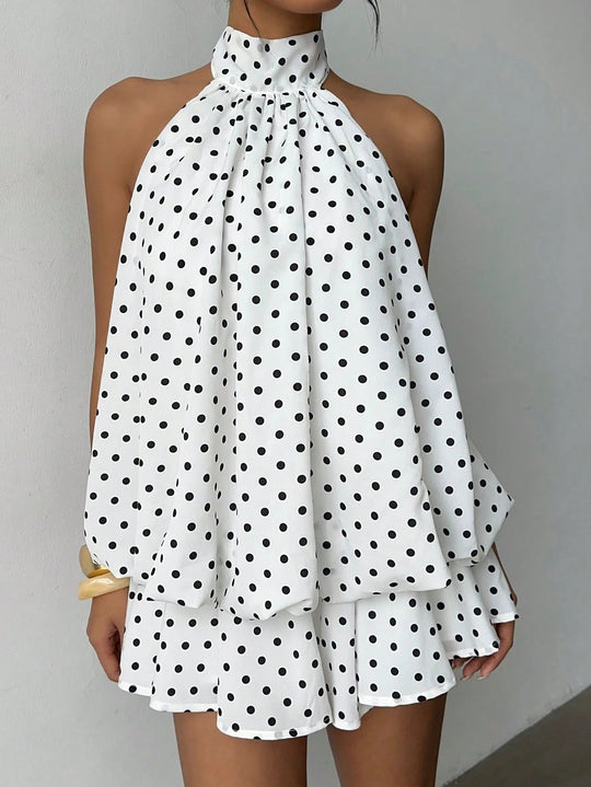 Damen modisches Polka-Dots Set mit hohem Kragen und voluminösen Ärmeln EB