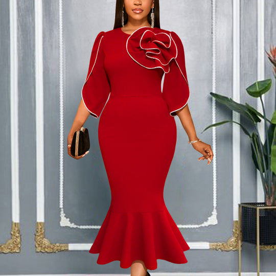 Damen figurbetontes Abendkleid mit Schößchen und voluminösem Rüschendesign EB