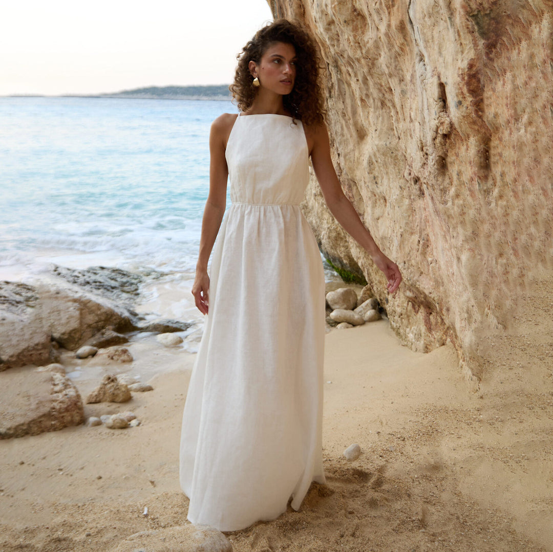 Damen Elegantes Maxikleid aus Leinen mit Querriemen EB