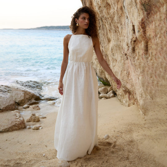 Damen Elegantes Maxikleid aus Leinen mit Querriemen EB