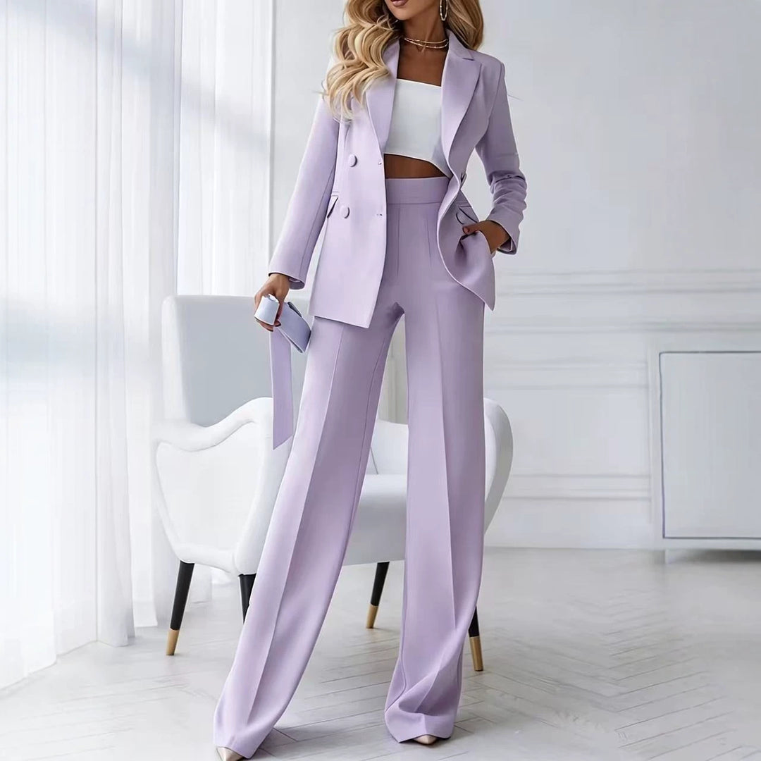 Damen Zweiteiliger Business-Hosenanzug mit tailliertem Zweireiherblazer und High-Waist Palazzo-Hose EB