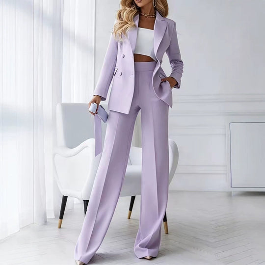 Damen Zweiteiliger Business-Hosenanzug mit tailliertem Zweireiherblazer und High-Waist Palazzo-Hose EB