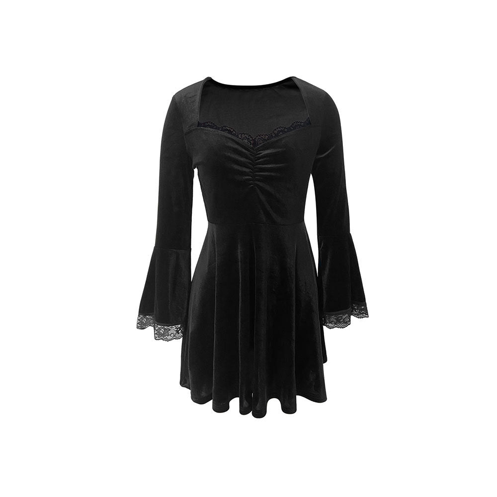 Damen Samt-Kleid mit gerafftem Bustier, quadratischem Ausschnitt und Spitzen-Glockenärmeln Eichborn Berlin