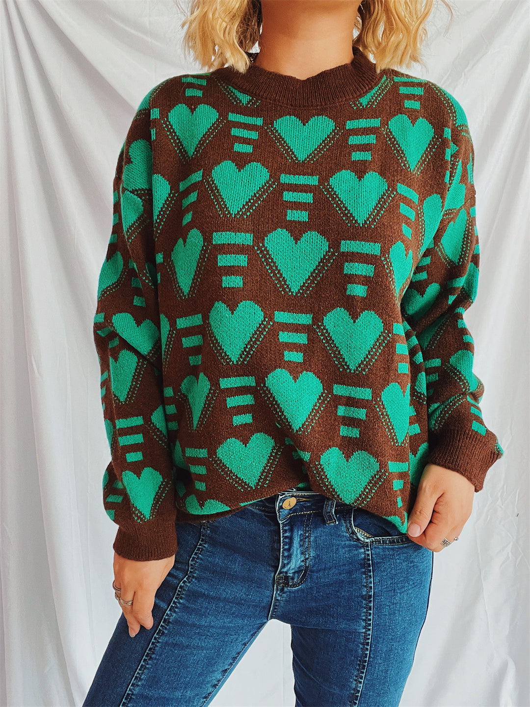 Damen gestrickter Pullover im modernen Herzdesign mit weitem Schnitt EB