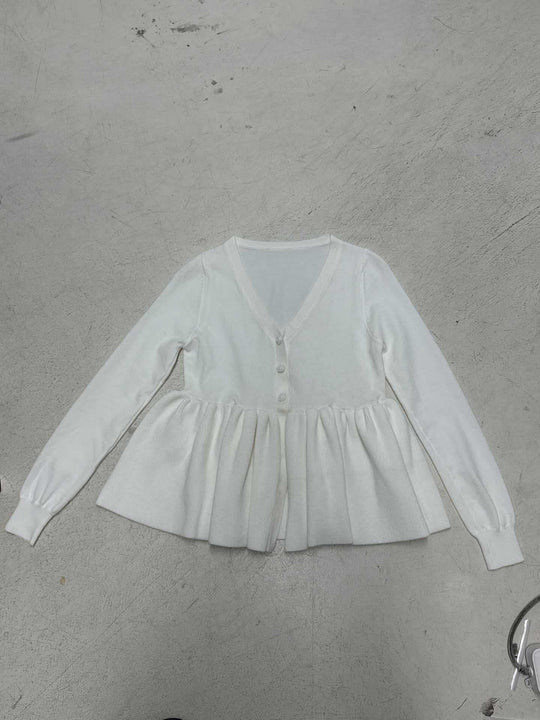Damen nan geripptes Langarm-Top mit Empire-Taille, zierlicher Knopfleiste und Spitzenbesatz EB