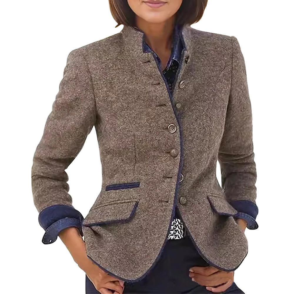 Damen eleganter Blazer mit knöpfbarem Stehkragen und kontrastierenden Taschen EB