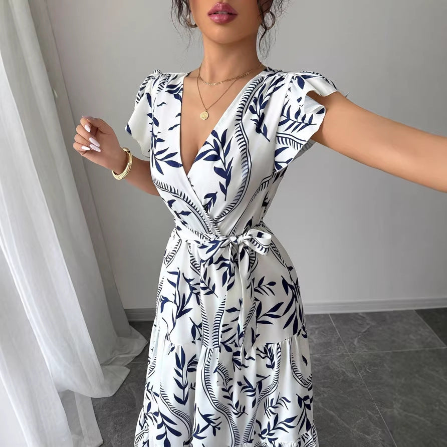 Damen Maxikleid im boho-inspirierten Design mit floralen Elementen und taillierbarem Gürtel EB