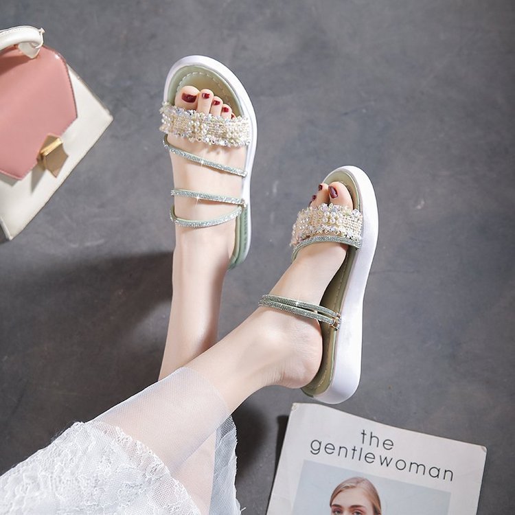 Damen modische Riemchen-Sandalen mit Perlenschmuck und gepolsterter Sohle EB