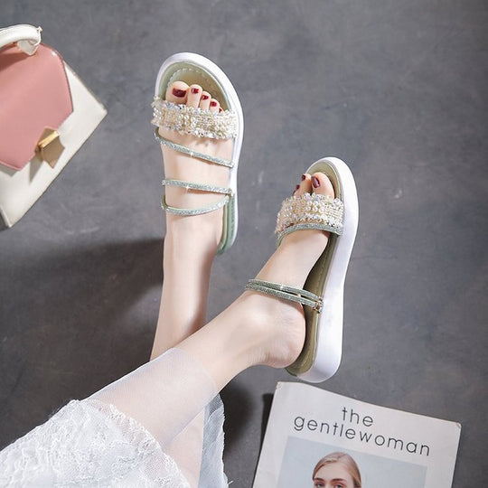 Damen modische Riemchen-Sandalen mit Perlenschmuck und gepolsterter Sohle EB