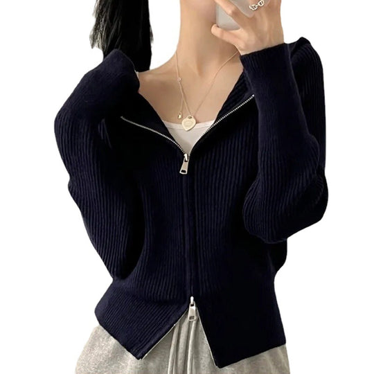 Damen lässige Strickjacke mit Kapuze und Reißverschluss EB