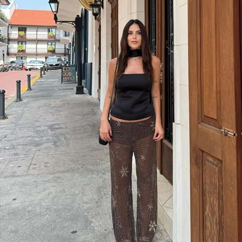 Damen Elegante, bestickte Pailetten-Hose im Palazzo-Stil EB