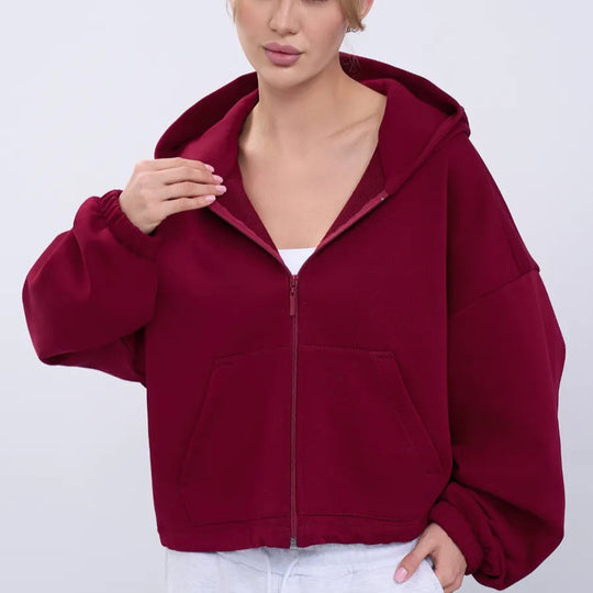Damen legeres Cropped-Fleece-Hoodie mit Tunnelzugbund, Raglanärmeln und Reißverschluss Eichborn Berlin