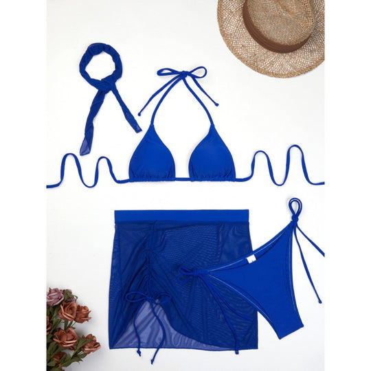 Damen Triangelbikini-Set mit transparentem Überrock und modischem Stirnband EB
