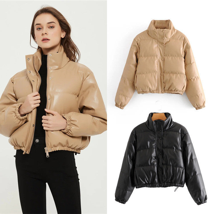 Damen gesteppte Kunstlederjacke mit hochschließendem Kragen und elastischen Bündchen EB