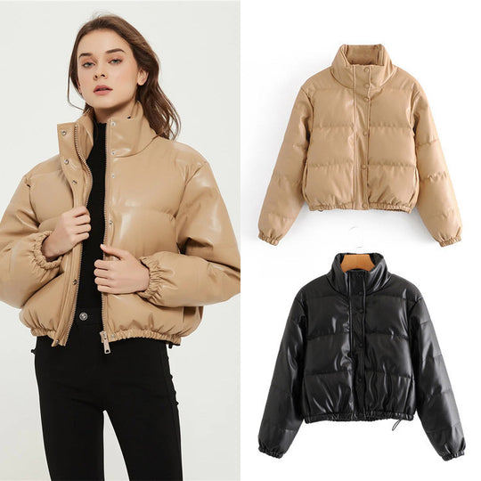 Damen gesteppte Kunstlederjacke mit hochschließendem Kragen und elastischen Bündchen EB