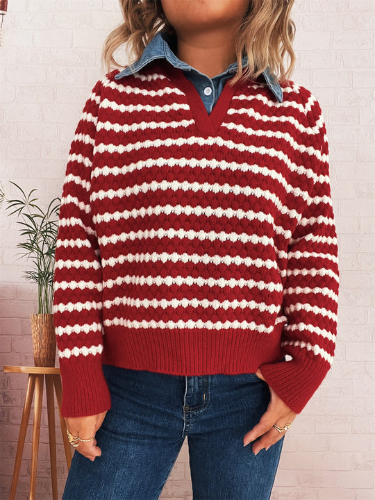 Damen Strickpullover mit tiefem V-Ausschnitt und markantem Streifenmuster EB