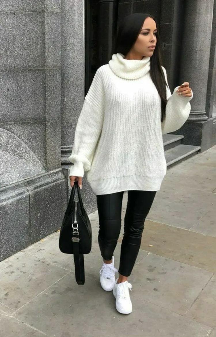 Damen Grobstrickpullover mit hohem Kragen und lässigem Schnitt EB
