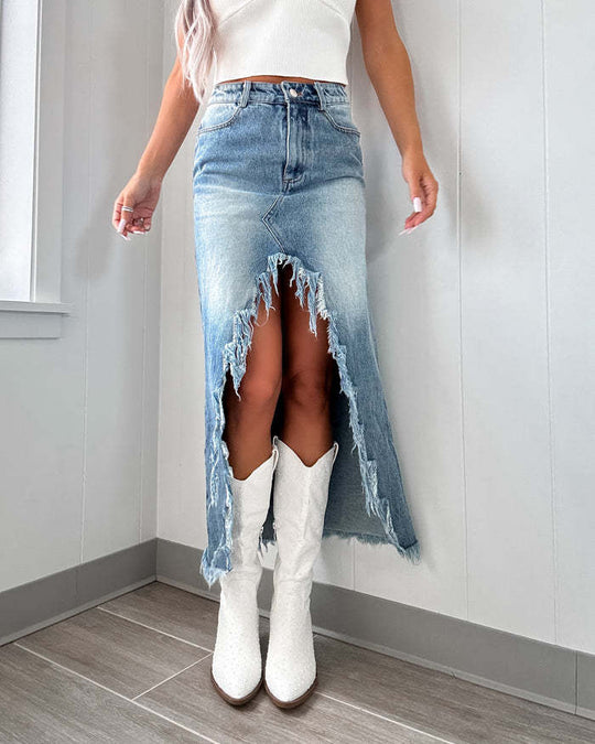 Damen Jeansrock mit asymmetrischem Schlitz und Fransensaum EB