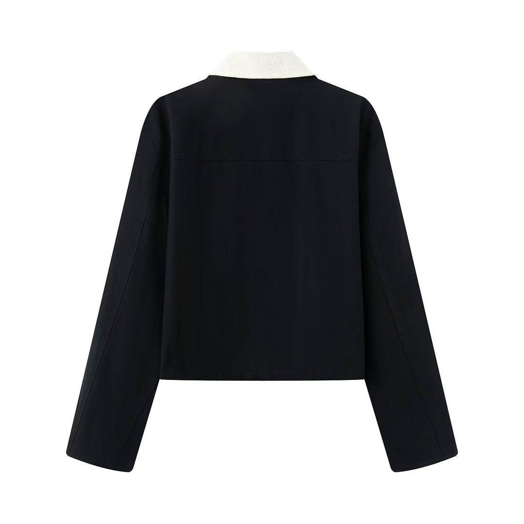 Damen lässige Jacke mit kontrastierendem Kragen und praktischen Taschen EB