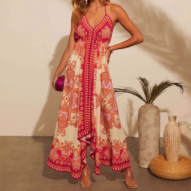 Damen Maxikleid mit trendigem Halterneck und künstlerischem Muster EB
