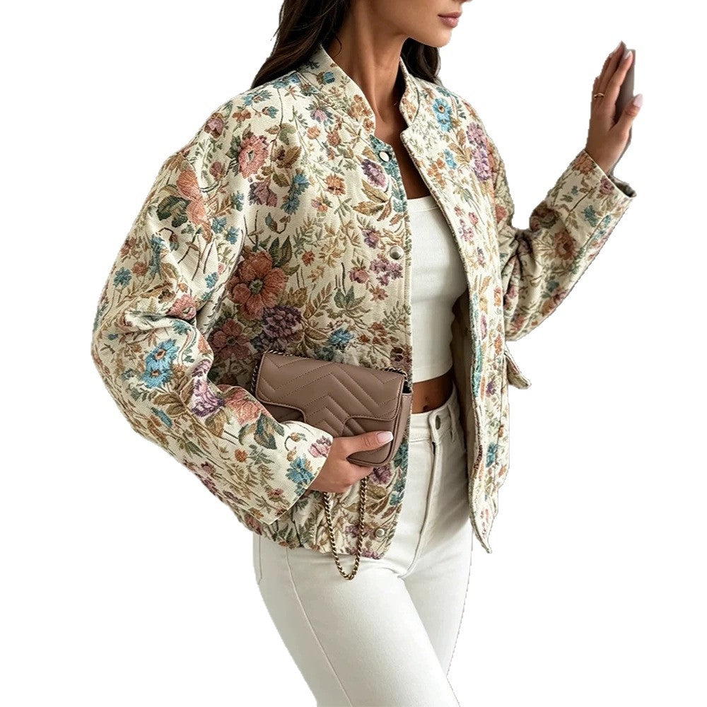 Damen Florale Jacquard-Steppjacke mit Stehkragen und elastischem Saum EB