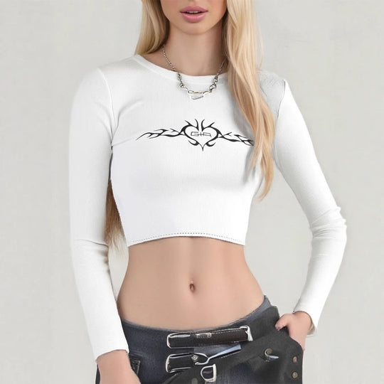 Damen cropped Langarmshirt mit raffinierter Grafik EB