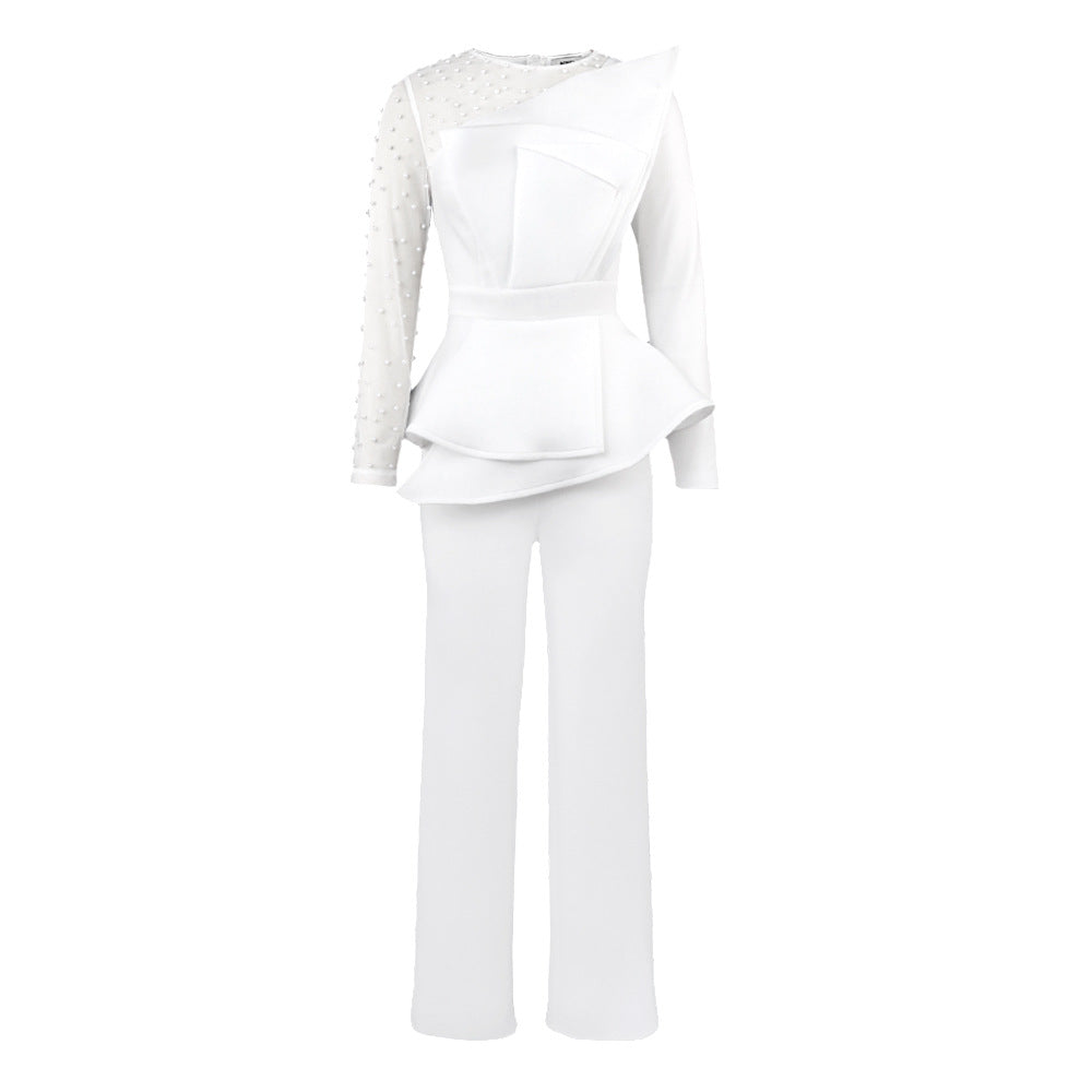 Damen eleganter Jumpsuit mit asymmetrischem Oberteil und raffiniertem Rüschendesign EB