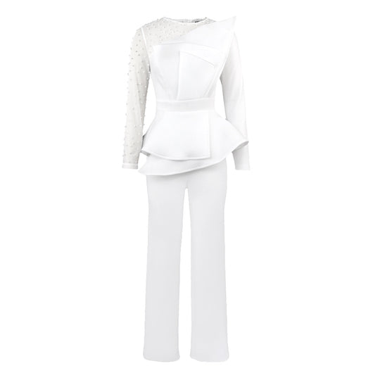 Damen eleganter Jumpsuit mit asymmetrischem Oberteil und raffiniertem Rüschendesign EB
