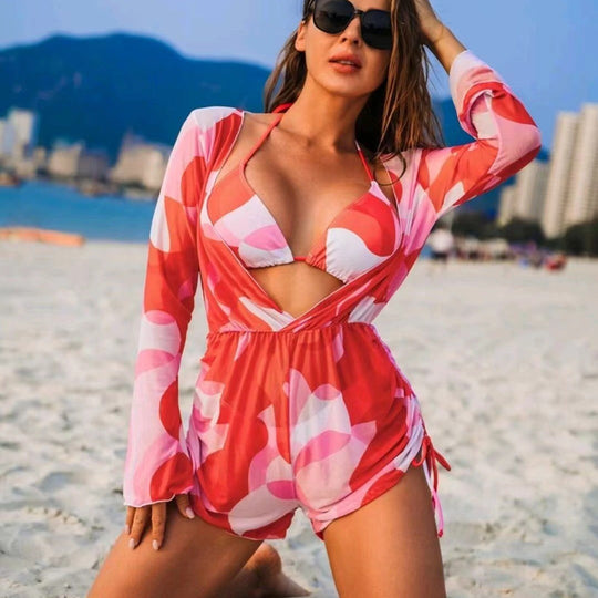 Damen Strand-Outfit mit langärmliger Überbluse und Bikini EB