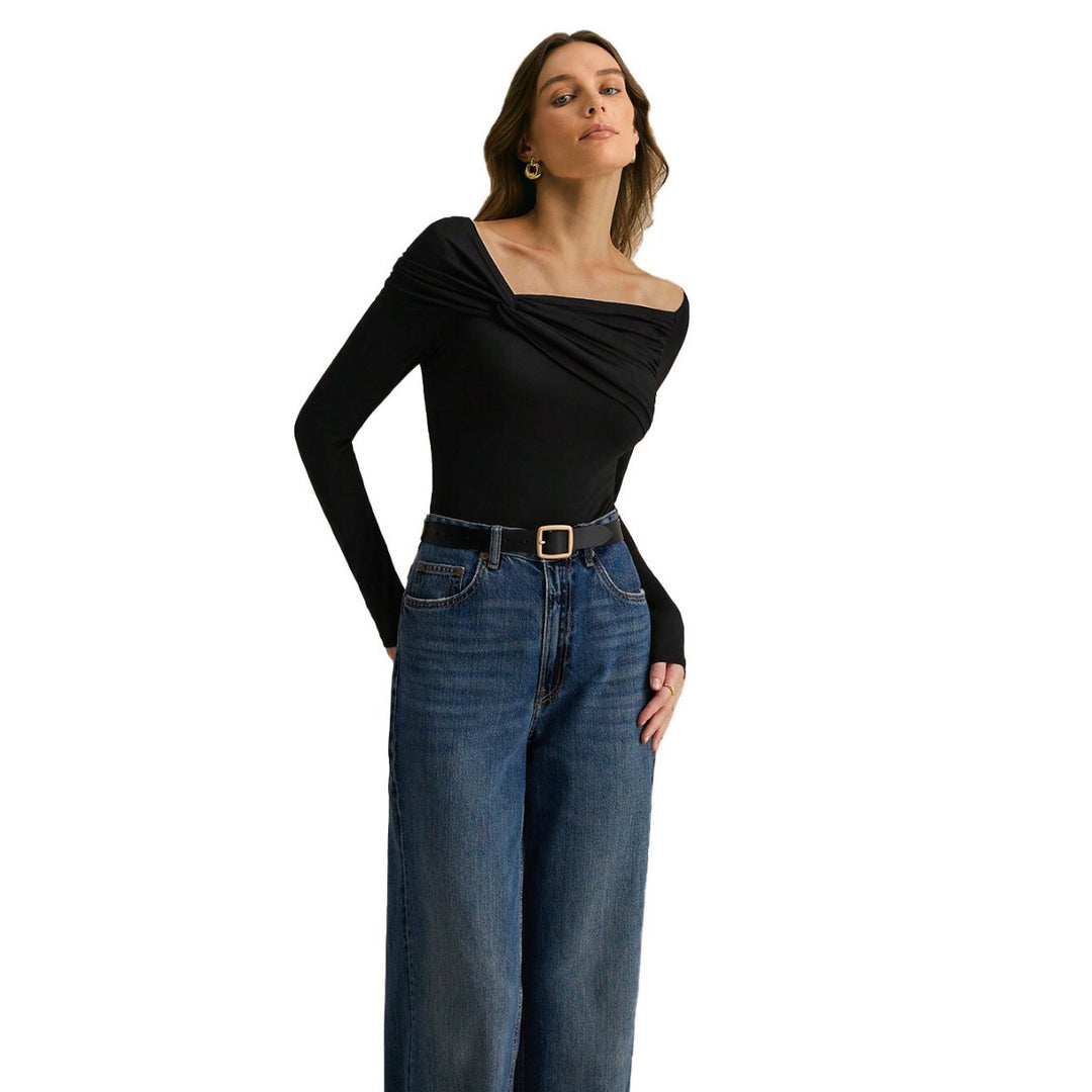 Damen asymmetrisches Off-Shoulder-Drapiertes Langarmshirt mit Knoten-Detail Eichborn Berlin