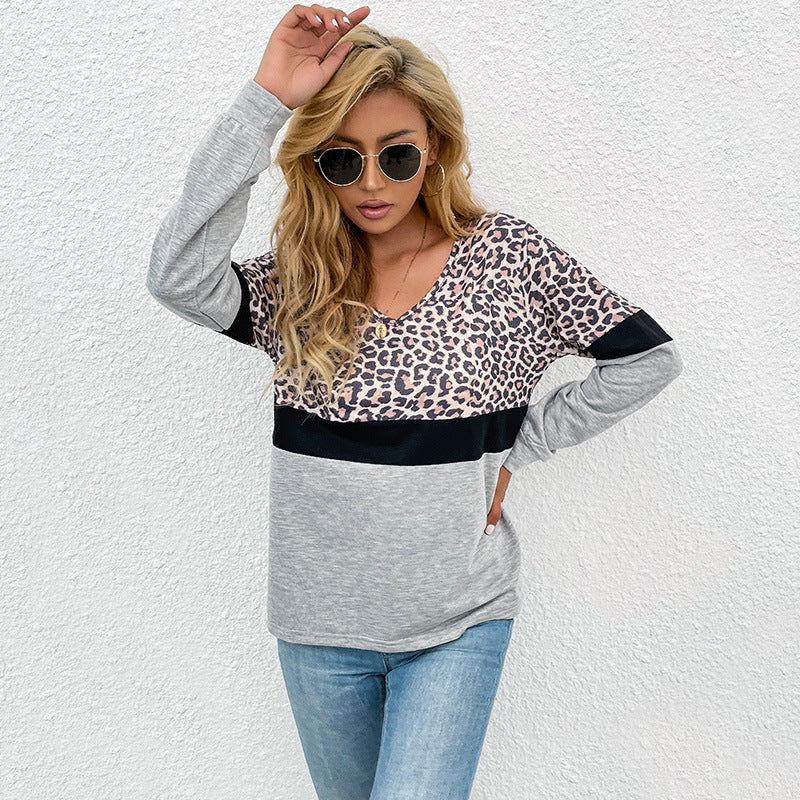 Damen V-Ausschnitt Sweatshirt mit Leopardenmuster und Kontrastband EB