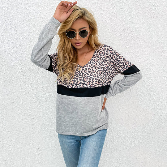 Damen V-Ausschnitt Sweatshirt mit Leopardenmuster und Kontrastband EB